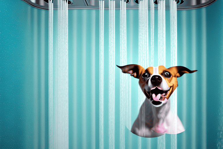 A curious dog peeking through a slightly open shower curtain