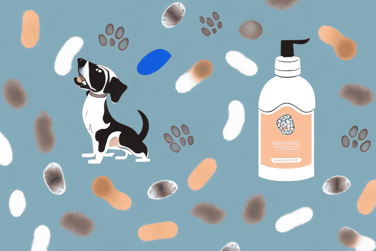 A curious dog sniffing a bottle of lotion with a playful expression