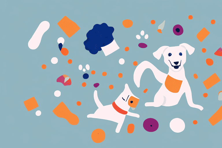 A playful dog happily rolling over her toys in a cozy living room setting