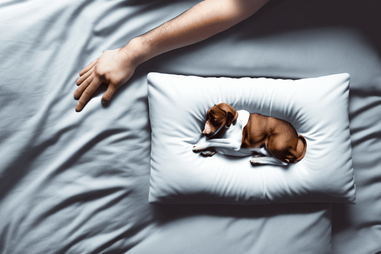 A dog curled up by the pillow end of an unoccupied bed