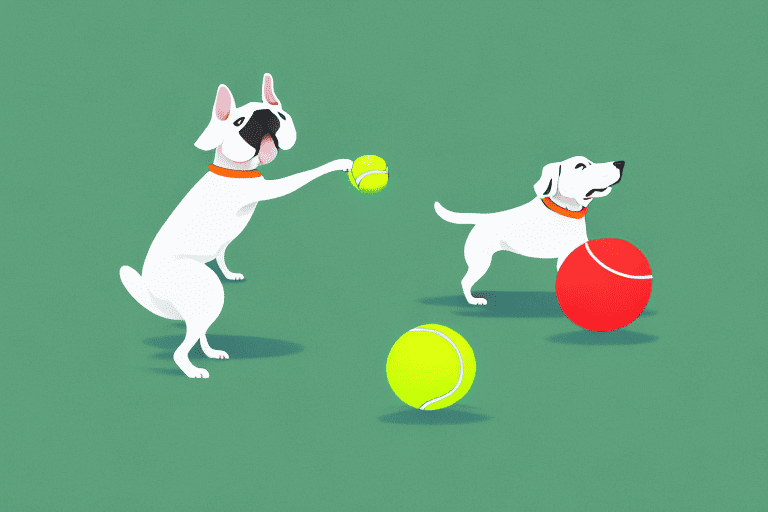 A neutered dog playing with two tennis balls in a park