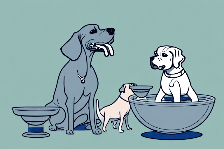 A curious dog sitting and burping towards a dog bowl filled with food