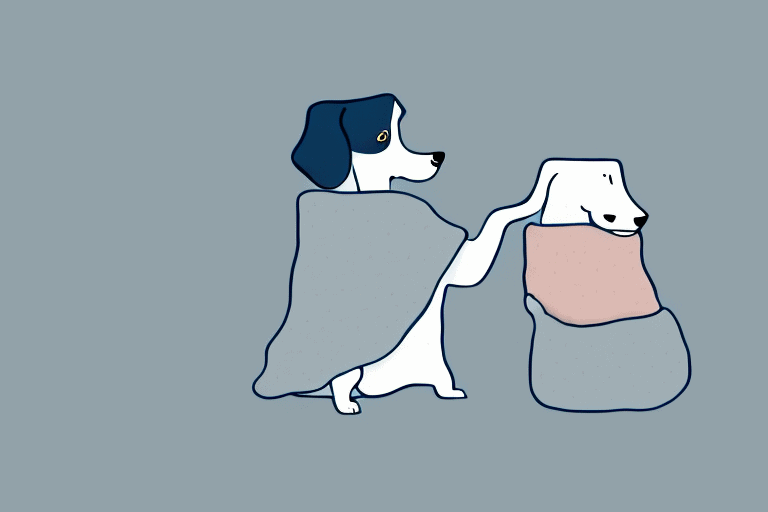 A dog playfully burying its nose into a blanket or cushion