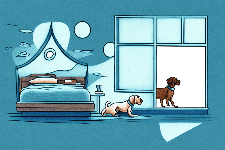 A dog crawling under a bed in a dimly lit room with a night sky visible through a nearby window