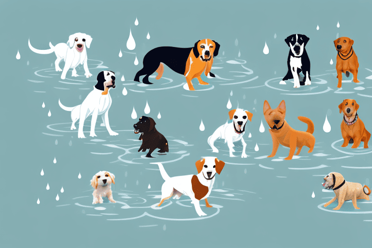 Different breeds of dogs happily splashing in various types of puddles