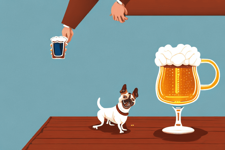 A dog happily lapping up a spilled pint of beer from a tipped over mug on a wooden table