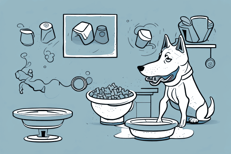 A dog playfully pushing its food bowl around with its snout in a kitchen setting