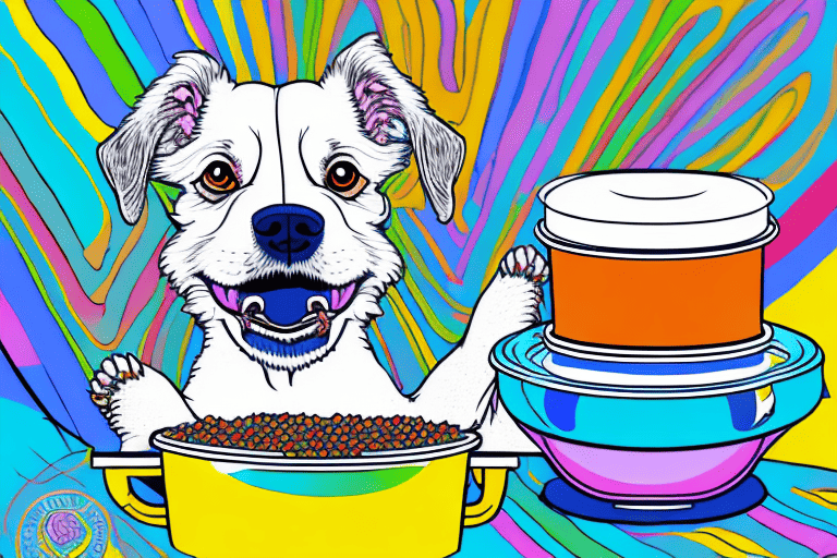 A dog using its snout to push a colorful blanket over a bowl of dog food