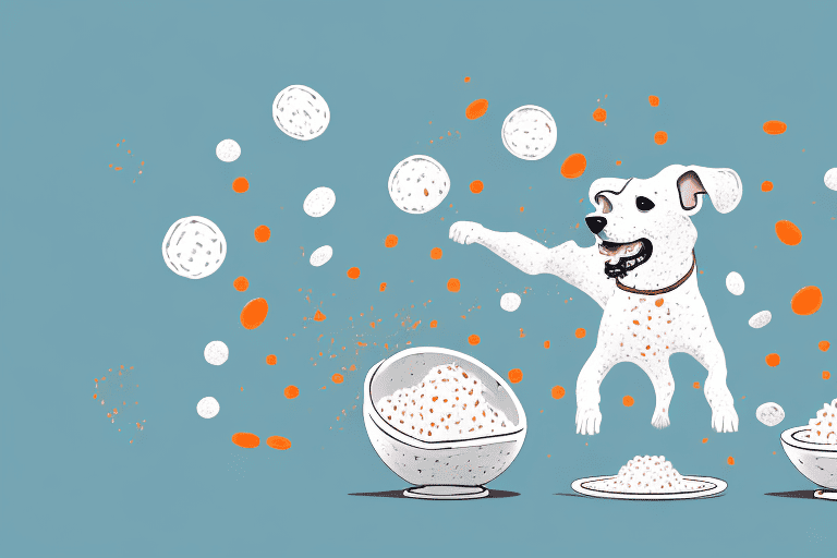 A playful dog flipping over his food bowl with scattered kibble around