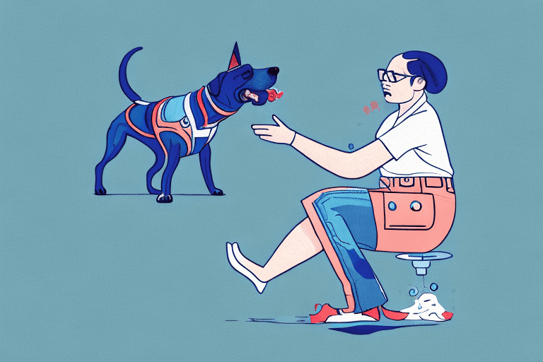 A curious dog playfully weaving through a pair of denim-clad legs