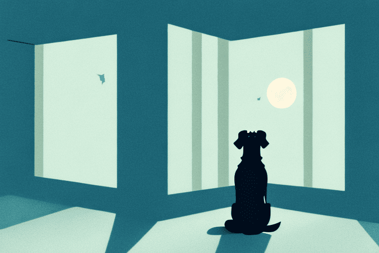 A dog sitting in a dimly lit room