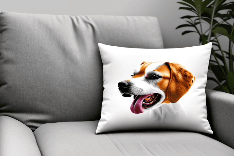 A dog happily licking a pillow in a cozy room setting