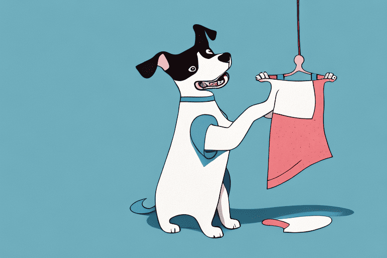 A playful dog gently nibbling on a hanging piece of clothing