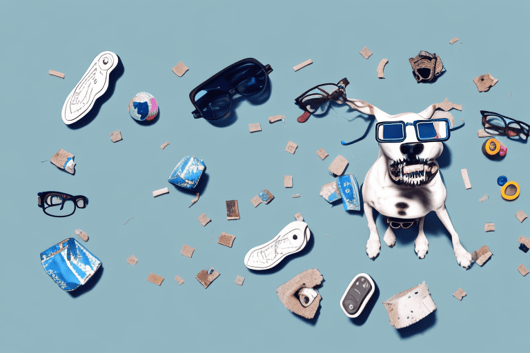 A mischievous dog surrounded by chewed up personal items like shoes