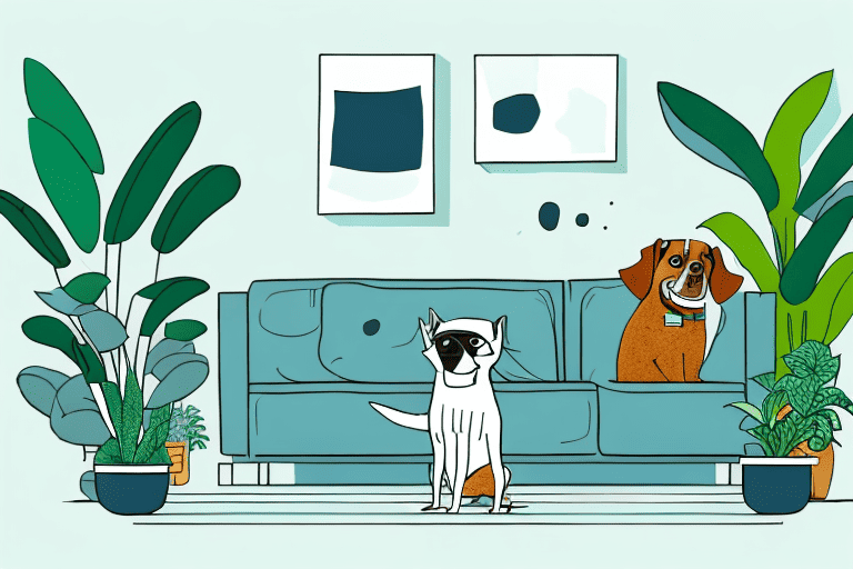 A dog mischievously peeing on a fancy living room carpet with a houseplant and a sofa in the background