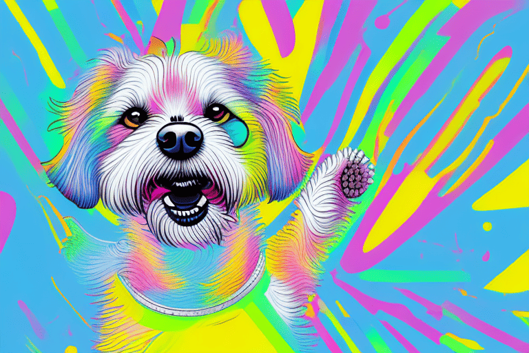 A curious-looking dog playfully rubbing its body against a brightly colored wall