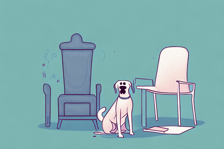 A friendly dog sitting next to an empty chair