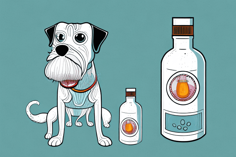 A curious-looking dog with a vinegar bottle nearby