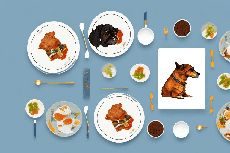 A curious dog sitting and staring intently at a plate of food on a dining table