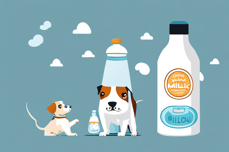 A curious dog looking longingly at a bottle of milk