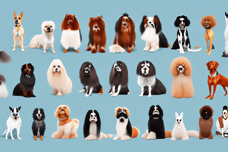 A diverse group of show dog breeds in different poses