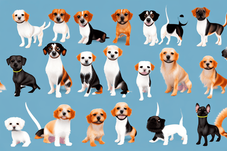 A variety of small dog breeds in different playful poses