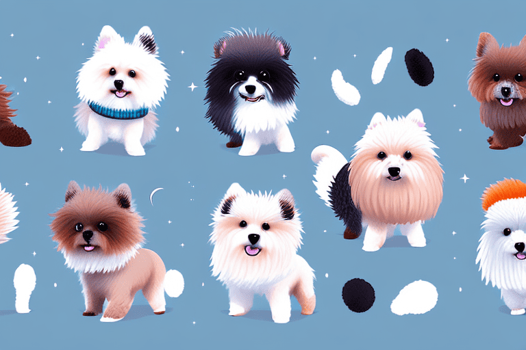 Various types of small fluffy dogs in different playful poses