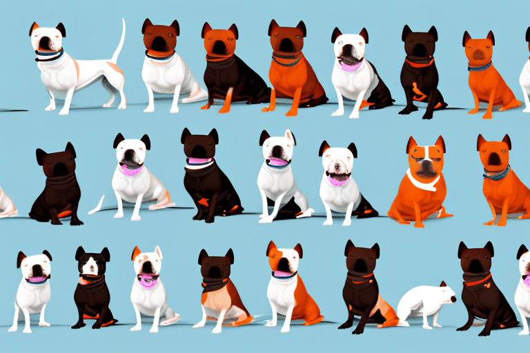 Several different types of staffy dogs in various poses