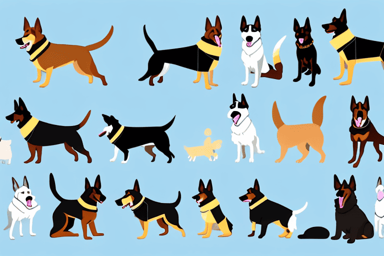 Various types of dogs in different training scenarios