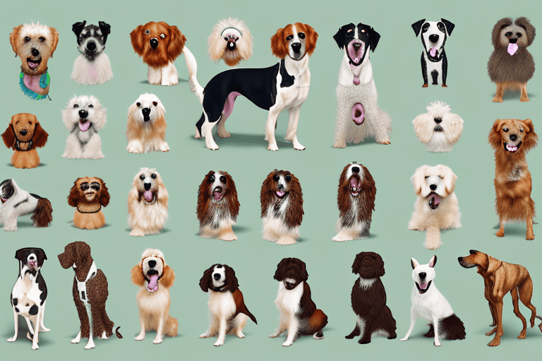 Several different breeds of dogs in various positions