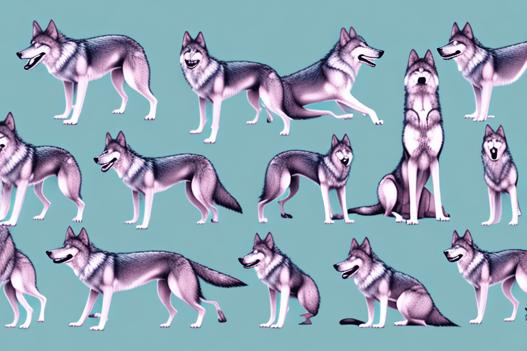 Several distinct wolf dog hybrids in various poses