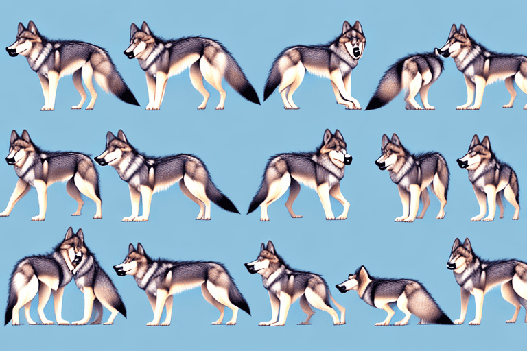 Various types of wolf dogs in different poses and settings