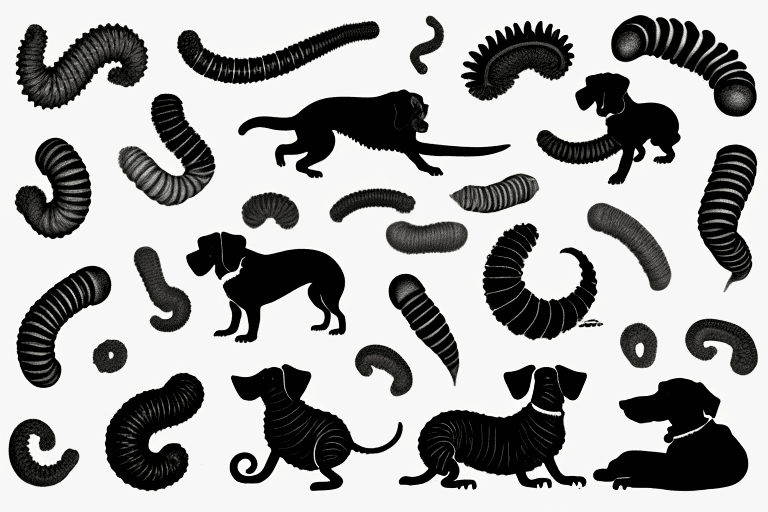 Several different types of worms next to a silhouette of a dog for scale