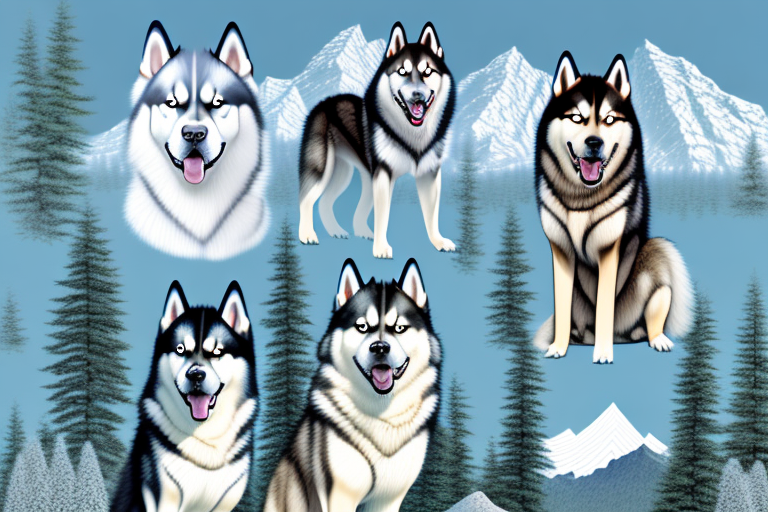 Several different types of majestic alaskan dogs such as the alaskan malamute