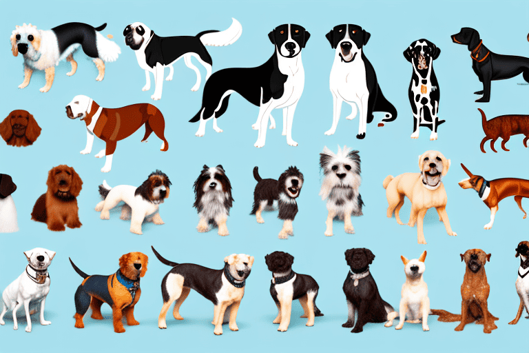 Several diverse breeds of dogs in various poses