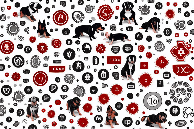 A variety of dogs surrounded by symbols representing different blood types