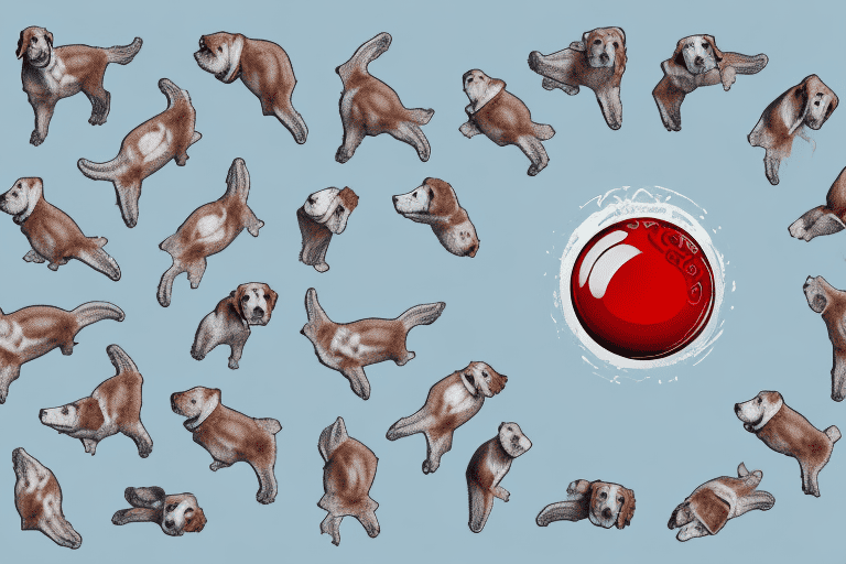 Different breeds of dogs with a stylized image of a blood drop above each one