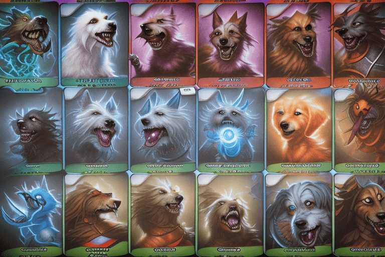 Various dog creature cards from magic: the gathering in action