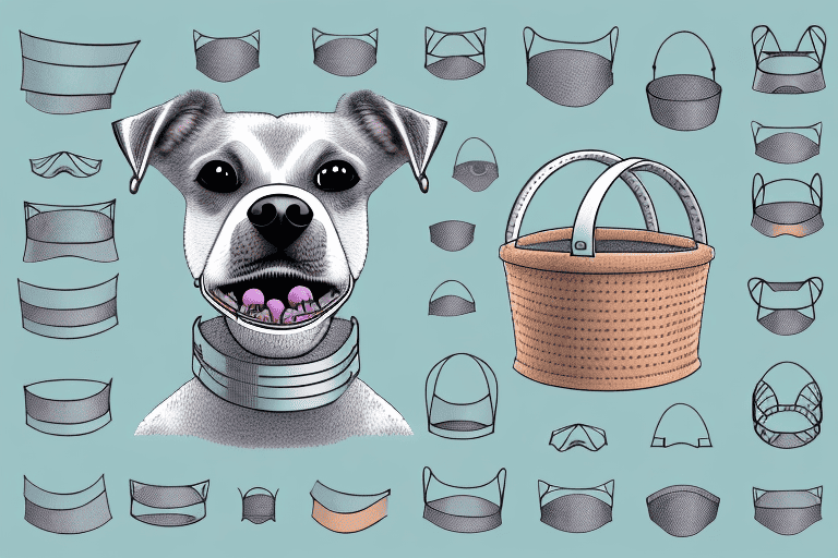 A content-looking dog wearing a basket type muzzle