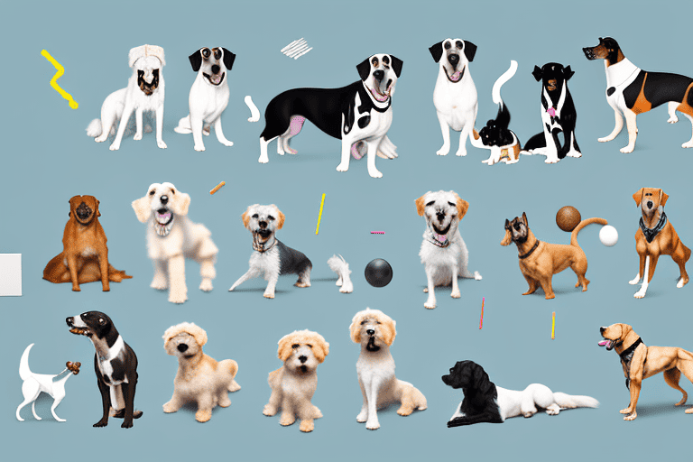 Various breeds of dogs engaged in activities that reflect different personality traits