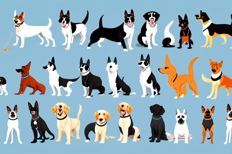 Various types of dogs in different show poses such as agility